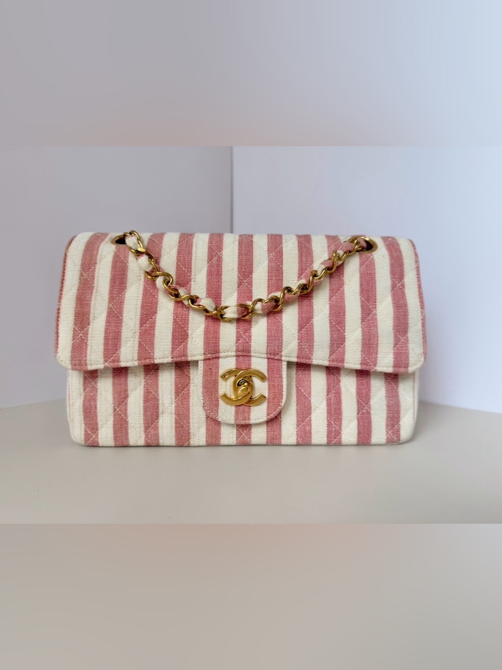 Chanel Vintage Small Striped Classic Double Flap Bag - full set